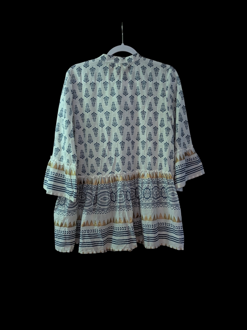 White & Navy Printed Tunic Blouse with Gold Trim. Size S/M - Picture 8 of 8